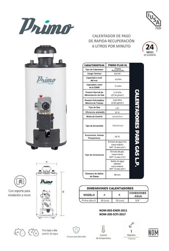 Calentador De Agua De Paso 6 L X Minuto Primo Plus Gas Lp