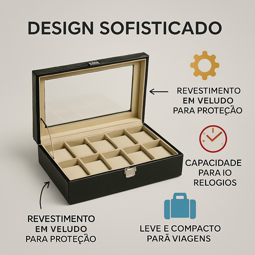 Porta Relógios Estojo Maleta Sofisticação Estilo 10 Relogios