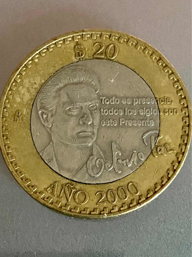 Moneda Conmemorativa $20 Mxn Octavio Paz Cambio Milenio