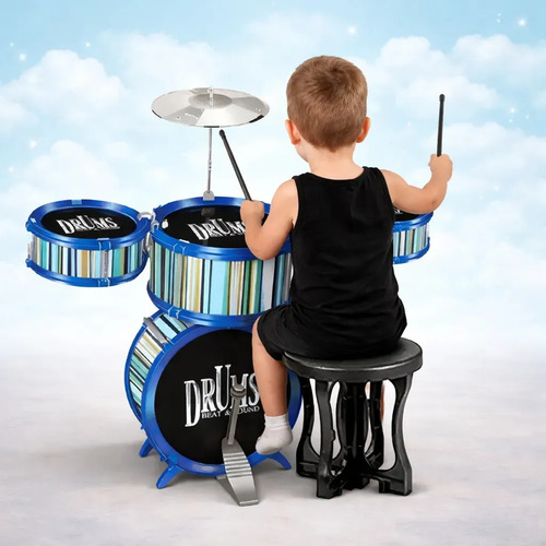 Bateria Musical Brinquedo Infantil Baqueta Tambor Banquinho Cor Azul beltroni
