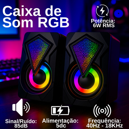 Caixa Caixinha De Som para Pc Computador Notebook Gamer Projetor Led Rgb Potente Usb P2 Cor Preto Digital Informática