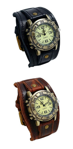 2pcs Wrkwatch Masculino Reloj De Reloj De Cuero Punk Vintage