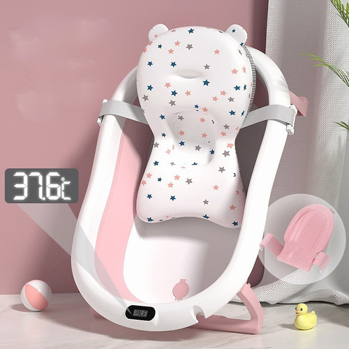 Bañera Bebés Plegable Tina De Baño Con Cojin Y Termometro Color Rosa