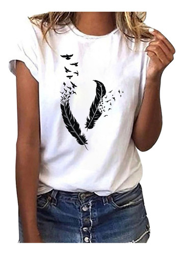 Camiseta De Manga Corta Con Estampado De Plumas Para Mujer,