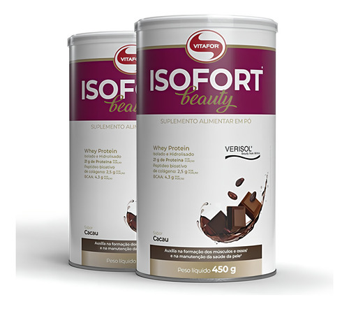 Kit 2 Isofort Beauty Whey Protein Iso Vitafor 450g Cacau
