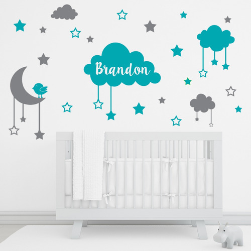 Vinilo Decorativo Infantil: Nubes Y Estrellas, Nombre, Luna