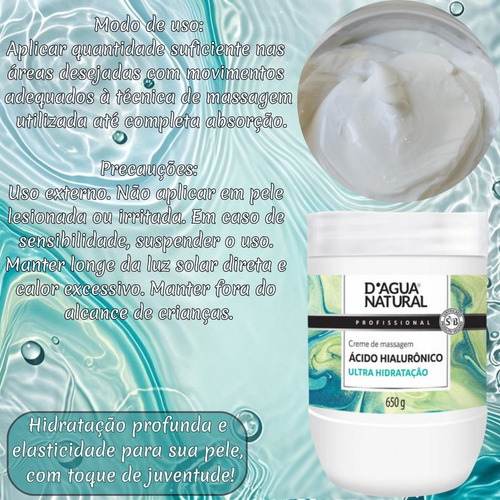 Kit 3x Creme D Massagem Acido Hialuronico 650g Dagua Natural
