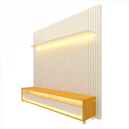 Painel Rack Ripado Led Rodízios Nobre 185 Off Nature Gelius Cor Off white