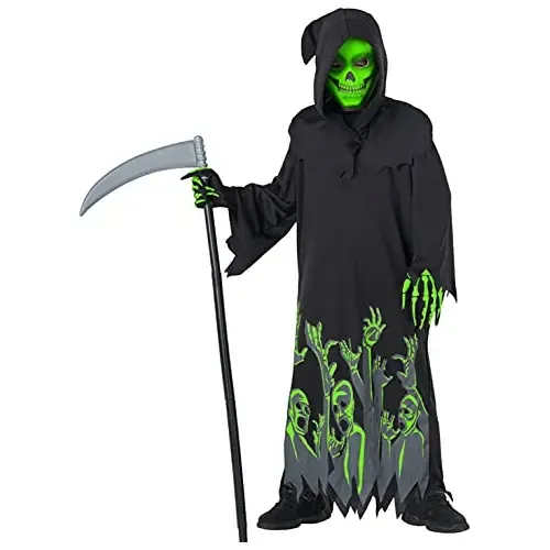 AEYAKA Disfraz Infantil De Grim Reaper Que Brilla En La Oscuridad – Capucha, Máscara De Calavera, Guantes Y Guadaña Para Halloween Y Cosplay