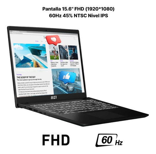 Laptop Thin & Light MSI Modern 15 B7M-458MX Ryzen 5 7430U AMD Radeon Graphics 8GB RAM 512GB SSD 15.6" FHD 60Hz Negra,Teclado en español/2 años de garantía