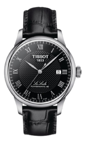 Reloj pulsera Tissot T-Classic Le Locle Powermatic 80 Le locle powermatic 80 de cuerpo color plateado, analógico, para hombre, fondo negro, con correa de cuero color negro, agujas color plateado, dial plateado, minutero/segundero blanco, bisel color plateado y mariposa