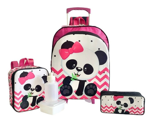 Kit Mochila Infantil Escolar Urso Panda Glitter Rodinha G F5