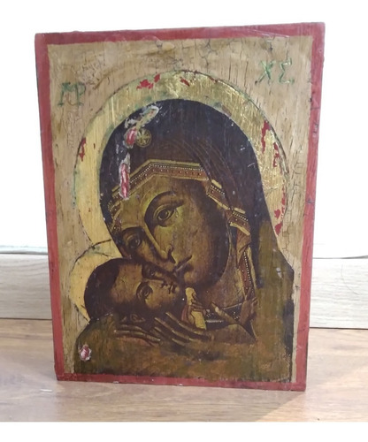 Icono Virgen María Niño Jesús Lamina Sobre Madera 21x16x2cm