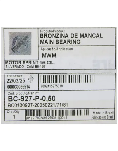 Jogo Bronzina De Mancal Mahle 050 Mwm Sprint 2.8/4.2 Bc927