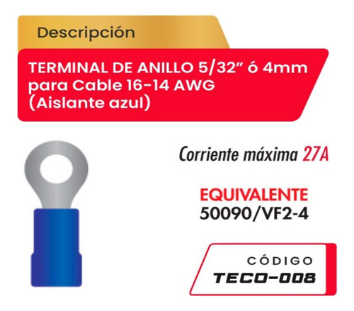 Terminal De Anillo 5/32  Para Cable 16-14 Awg-aislante Azul