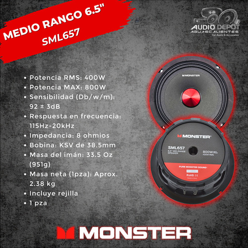 Par Medio Rango Monster Auto 6.5 Sml657 8ohm 800w Max Color Negro