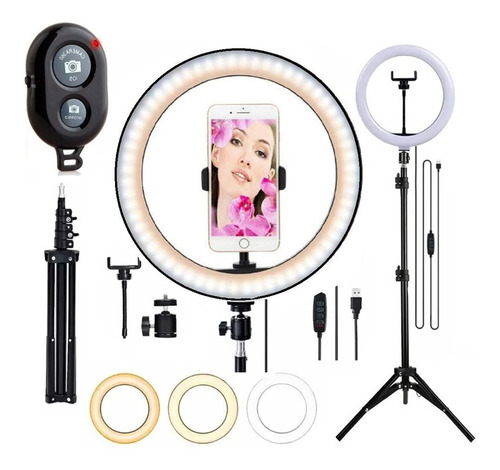 Ring Light Iluminador Luz Led Selfie Tripé 2.1m, + Bluetooth Cor da estrutura Preto Cor da luz BRANCO E AMARELO 110V/220V