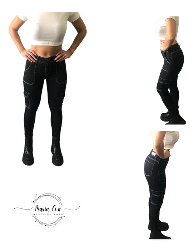 Pantalón Jeans Negro Costura Blanca Cargo Chupín Mujer