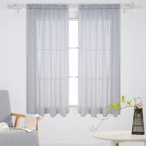 Ocean Wave Print Sheer Voile Faux Linen Window  Cortina...