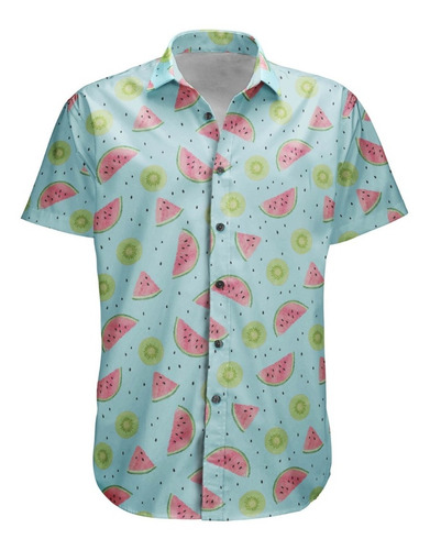 Camisa Botão Retro 90'a Fruits Melancia Abacaxi Tumblr Color