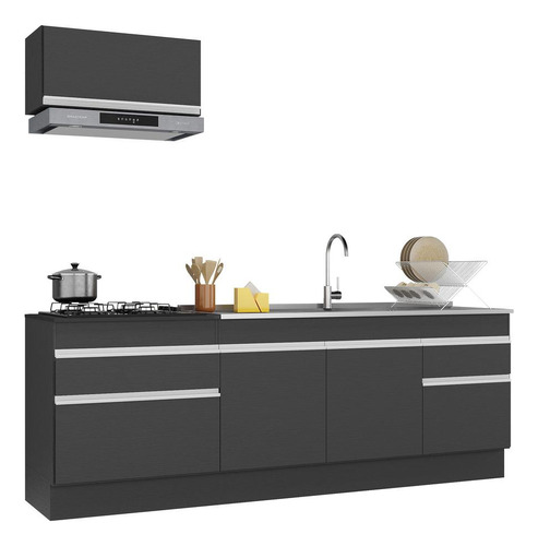 Armário De Cozinha Compacta 220cm Veneza Multimóveis V2109 Cor Preto/Branco