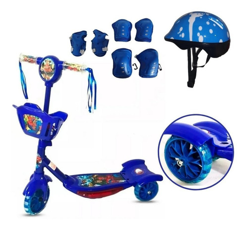 Patinete Musical 3 Rodas Cesta Vingadores + Kit Proteção Cor Azul