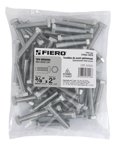 Tornillo Máquina Hexagonal Fiero Torm-3/8x2 60 Pz