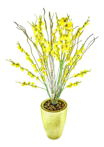 Vaso De Chão Com Orquídea Chuva De Ouro Artificial 80 Cm | Frete grátis