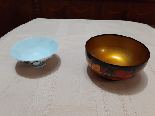 Bowls Japones Antiguo Uno En Porcelana Y Otro En Madera 