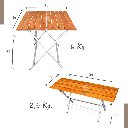 Mesa Plegable Aluminio Madera 84x75 + 2 Bancos Largos Jardin