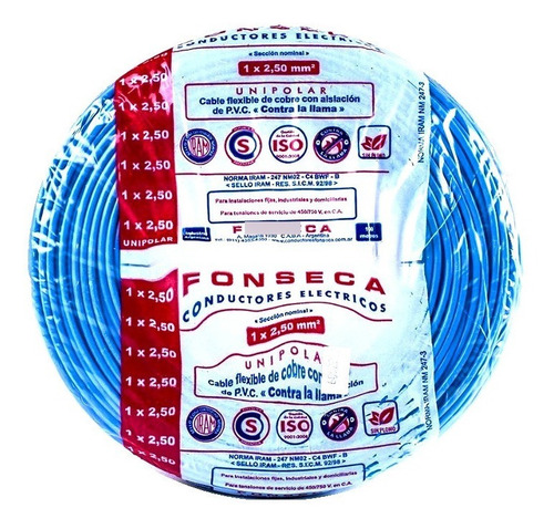 Imagen 2 de 5 de Cable Unipolar 2,5mm Celeste X 50mts Normalizado Por E631