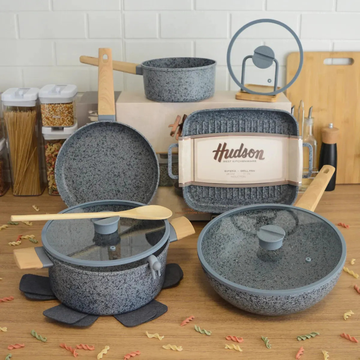 Set Cacerola Sartén Hudson Stone 7 Pzs Granito Inducción Combo 01 - Bifera Y Wok