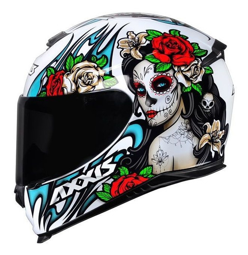 Capacete Fechado Axxis Eagle Flowers Feminino Branco E Rosa