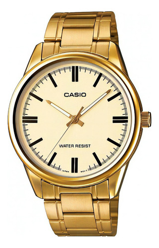 Reloj Casio estándar clásico MTP-V005G-9AUDF para hombre, color de la correa, bisel dorado, color de fondo dorado, color beige y arena