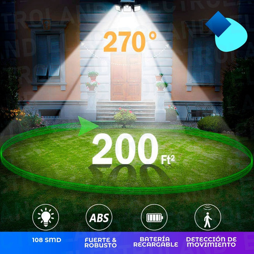 Reflector Led Solar 3 Cuerpos Exterior Cobertura 270º 108led