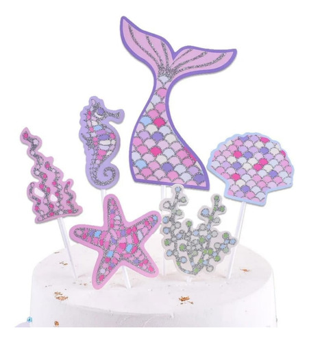 Set Decoración Topper Torta Sirena Y Mar  Cumpleaños 6 Pcs