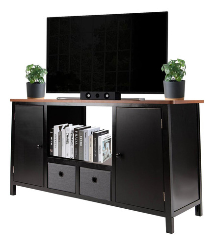 Mueble Para Tv De Madera Comoda Cajonera Tela Repisas Hogar Color Negro