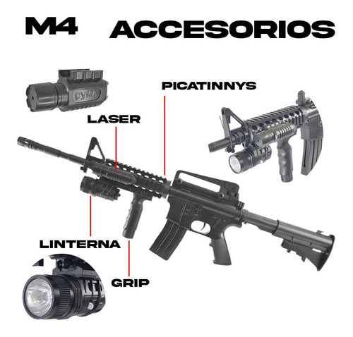 Imagen 4 de 10 de Rifle Airsoft M4 Replica Resorte 6 Mm Laser Linterna Balines