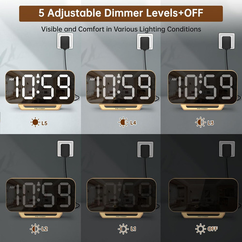 Slim Digital Mirror Clock, Aesthetic Alarm Clock For Desk -