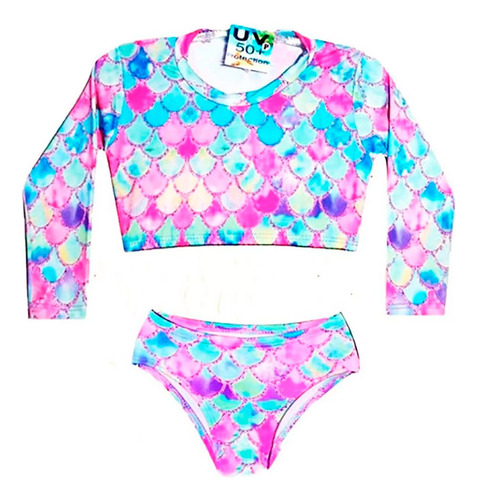 Biquini Infantil + Blusa Cropped Proteção Solar Uv50 Sereia