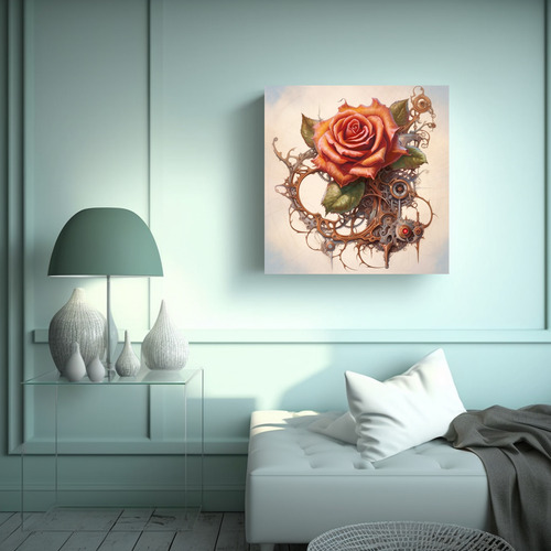 Cuadro Steampunk De Rosa 20x20cm Bastidor Madera Flores
