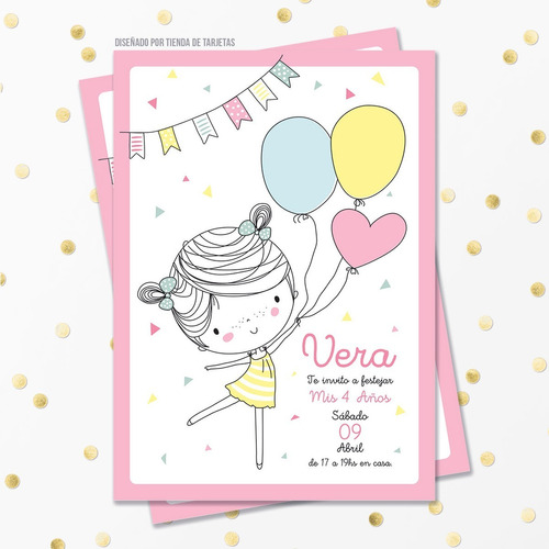 Invitación Digital + Imprimible - Cumpleaños Nena Con Globos