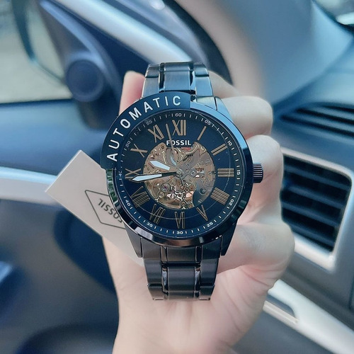 Reloj Fossil Extensible Metálico Automatico Bq2092 Correa Negro Bisel Negro Fondo Dorado
