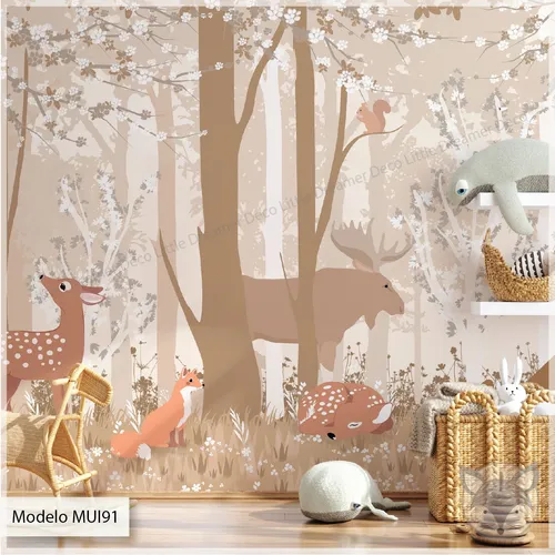 Mural Infantil Ploteo Vinilo Bosque Arboles Animales Mui91