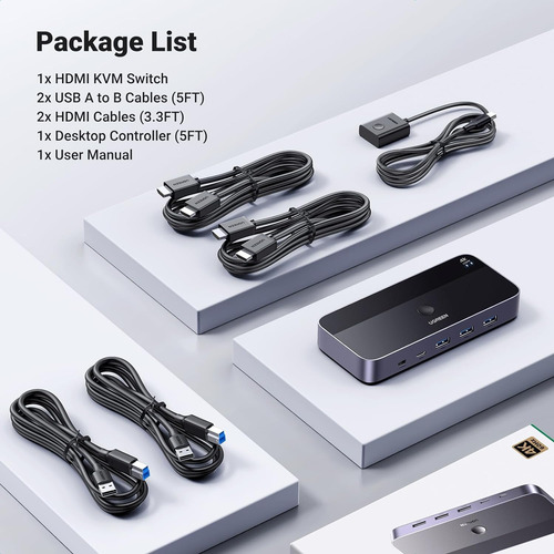 Conmutador Kvm Hdmi Usb 3.0 Ugreen Para 2 Pc X3 Usb A Y C 4k
