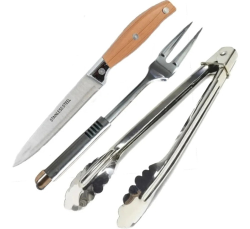 Set Para Asado Cuchillo Inox Mango Madera Tenedor Y Pinza 