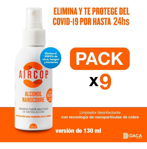 Aircop 130ml Alcohol/nanopartículas Cobre -pack 9 -dura 24h