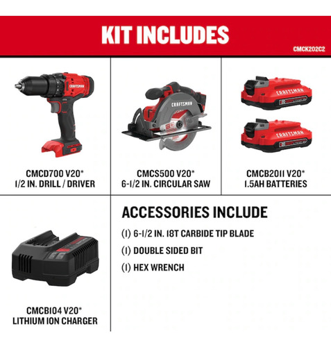 Craftsman Kit De Sierra Y Taladro 20v, 2 Baterias Y Cargador