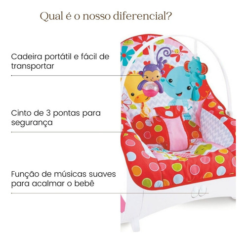 Cadeirinha de descanso para bebê musical Safari vermelha vibra e toca melodias acompanha acessórios e brinquedos colorbaby