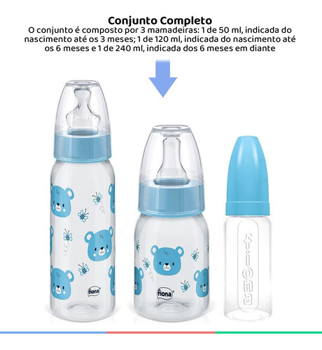 Set de biberones trifásicos Fiona, 50/120/240 ml, boquilla de silicona para bebés, color azul oso